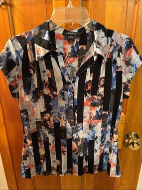 Alfani Abstract Floral-Stripe Short Sleeve Polo in Blue, Black & Coral